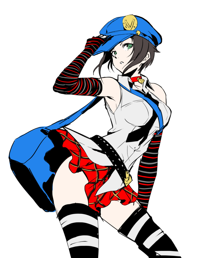 1girl baseball_cap black_neckwear black_sleeves blue_headwear breasts brown_hair choker collarbone collared_shirt contrapposto detached_sleeves dress_shirt floating_hair green_eyes hat highres igusaharu large_breasts long_sleeves looking_at_viewer marie_(persona_4) miniskirt necktie persona persona_4 persona_4_the_golden plaid plaid_skirt pleated_skirt red_choker shirt short_hair simple_background sketch skirt sleeveless sleeveless_shirt solo striped striped_legwear striped_sleeves thighhighs white_background white_shirt wing_collar