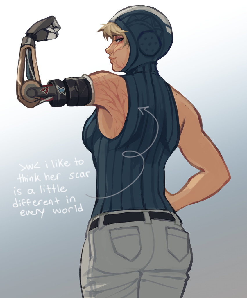 1girl apex_legends belt black_belt blonde_hair blue_bodysuit blue_eyes bodysuit clenched_hand english_commentary english_text flexing freckles from_behind fuse_(apex_legends) fusion hand_on_own_hip highres hood hooded_bodysuit lightning_bolt_symbol lila_(lilakeylk) looking_up pants ribbed_bodysuit sleeveless sleeveless_bodysuit smile solo wattson_(apex_legends) white_pants