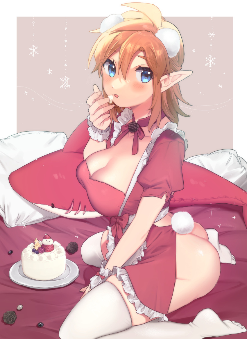 1girl alternate_costume ass blonde_hair blue_eyes blush breasts cake choker cleavage dress enmaided fake_tail food genderswap genderswap_(mtf) highres large_breasts link maid medium_hair no_panties no_shoes pillow pink_background plate puffy_short_sleeves puffy_sleeves rabbit_tail red_choker red_dress short_sleeves snowflake_print solo stuffed_animal stuffed_shark stuffed_toy tail the_legend_of_zelda the_legend_of_zelda:_breath_of_the_wild thighhighs ttanuu. white_thighhighs wrist_cuffs