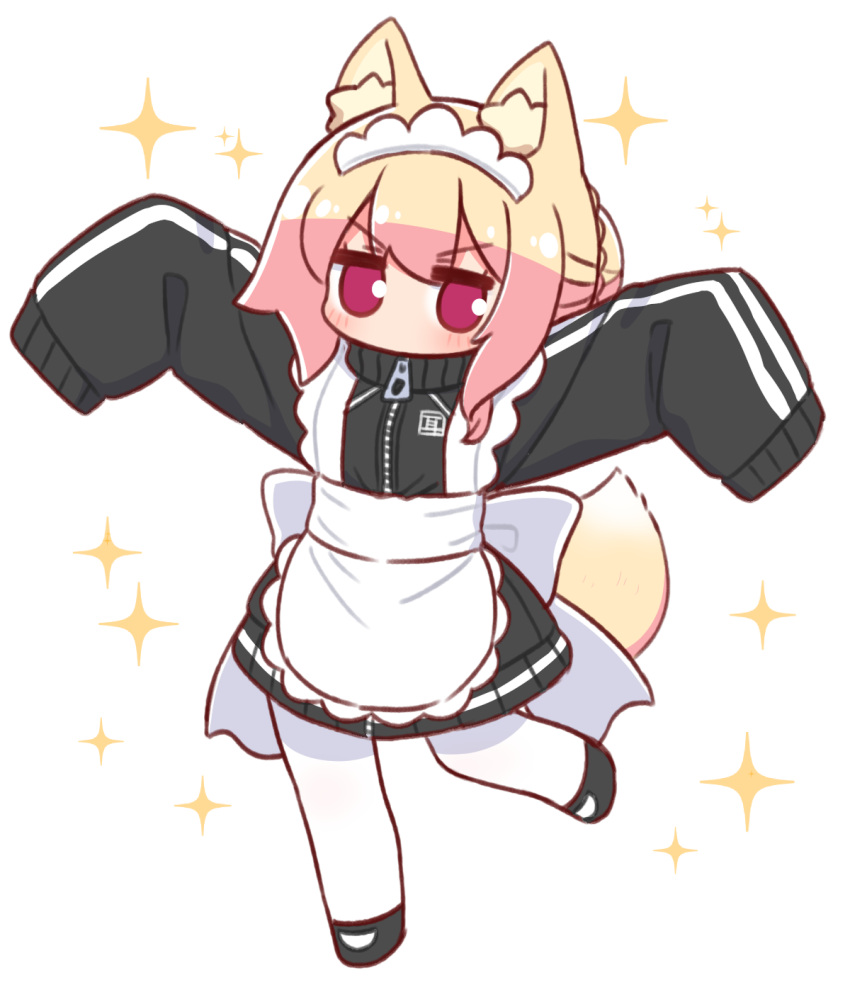 1girl animal_ears apron arms_up blonde_hair fox_ears fox_girl fox_tail full_body highres kemomimi-chan_(naga_u) maid_apron maid_headdress naga_u no_mouth original simple_background smug solo sparkle tail white_apron zipper