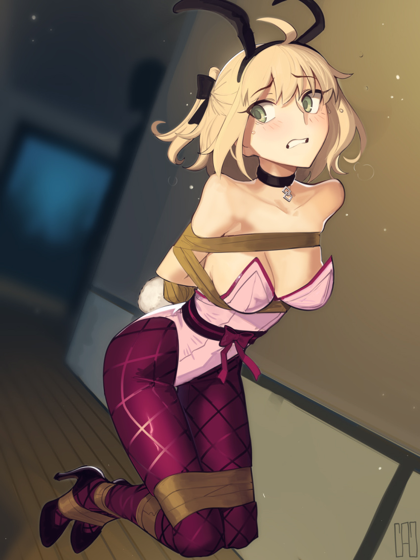 1girl ahoge bare_shoulders blonde_hair blush breasts cad_(caddo) cleavage fate/grand_order fate_(series) half_updo high_heels highres large_breasts leotard okita_souji_(fate) okita_souji_(koha-ace) pantyhose playboy_bunny restrained rope short_hair solo