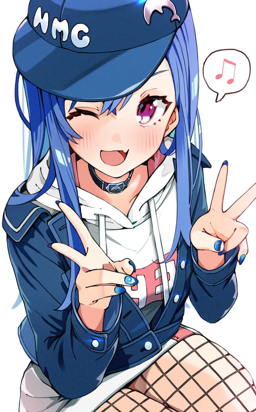 1girl ;d absurdres bad_id bad_pixiv_id black_collar blue_hair blue_headwear blue_jacket blue_nails blush collar commentary_request double_v fang fingernails fishnet_legwear fishnets hat highres jacket long_hair long_sleeves looking_at_viewer musical_note nail_polish nijisanji nishizono_chigusa one_eye_closed open_mouth purple_eyes simple_background sitting skin_fang smile solo spoken_musical_note thighs v virtual_youtuber white_background yuki_kamakura