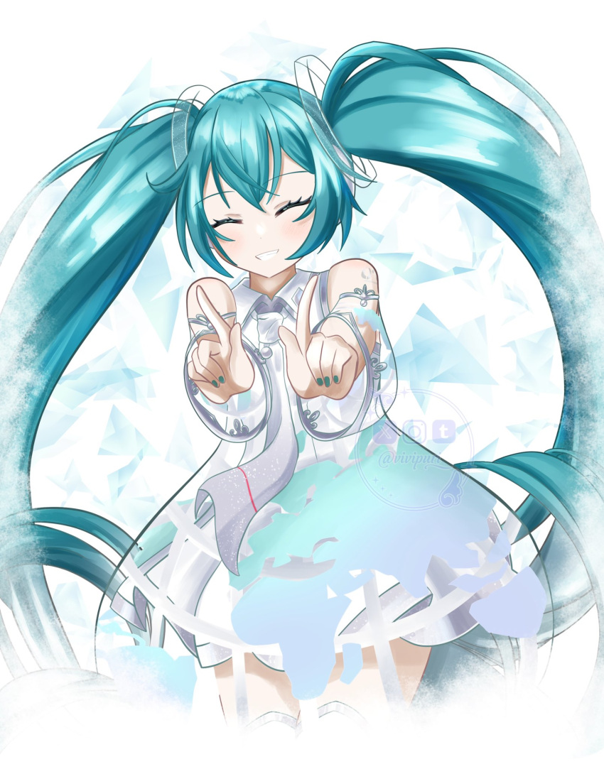 1girl absurdly_long_hair blue_hair blue_nails blush closed_eyes collared_dress commentary cowboy_shot detached_sleeves dress dutch_angle english_commentary fingernails grey_necktie grin hair_ornament hatsune_miku hatsune_miku_expo highres index_finger_raised instagram_logo long_hair luxy_(vivipuri) medium_bangs necktie see-through see-through_dress see-through_sleeves sleeveless sleeveless_dress smile solo twintails twitter_logo very_long_hair vocaloid white_background white_dress