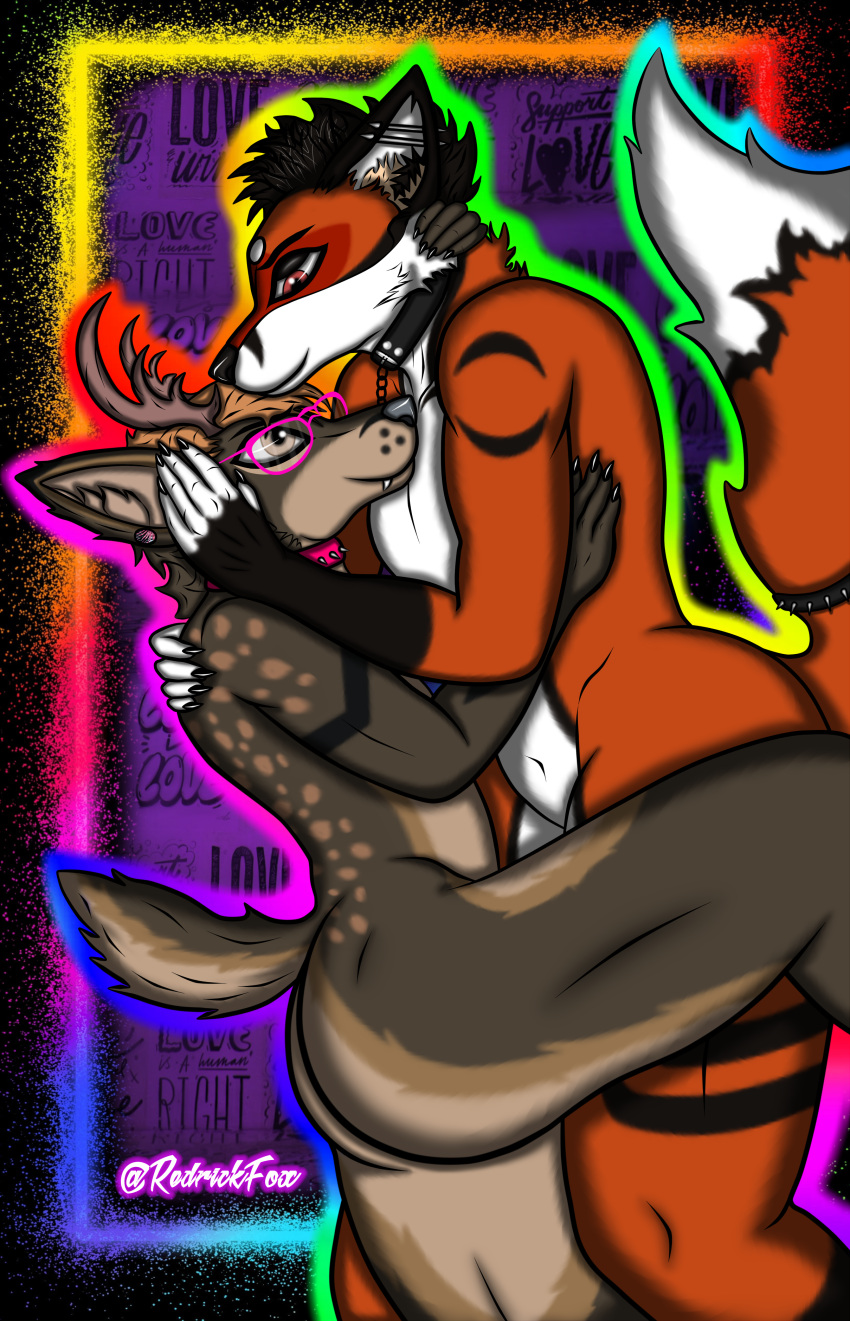 5_toes absurd_res anthro antlers big_butt big_tail black_body black_ears black_fur black_hair black_nose bracelet brown_body brown_ears brown_eyes brown_fur brown_hair butt canid canine canis chain claws collar crossed_legs dark_claws deer duo ear_piercing english_text erickredfox eye_contact eyewear feet fluffy_ears fox fur fur_markings glasses grey_nose hair hand_on_face hands_behind_head hands_on_back happy hi_res horn hug hybrid jewelry larger_male looking_at_another love lying male male/male mammal markings multicolored_body multicolored_fur multicolored_outline narrowed_eyes navel on_front outline piercing pink_collar pink_eyewear pink_glasses purple_background rainbow_outline raised_leg raised_tail red_body red_fox red_fur redrick_(erickredfox) romantic romantic_ambiance romantic_couple scut_tail short_tail simple_background size_difference smaller_male smile spiked_bracelet spiked_collar spikes tail teeth text thick_thighs toes true_fox two_tone_body two_tone_fur whisker_markings white_body white_fur wolf zak_woleer