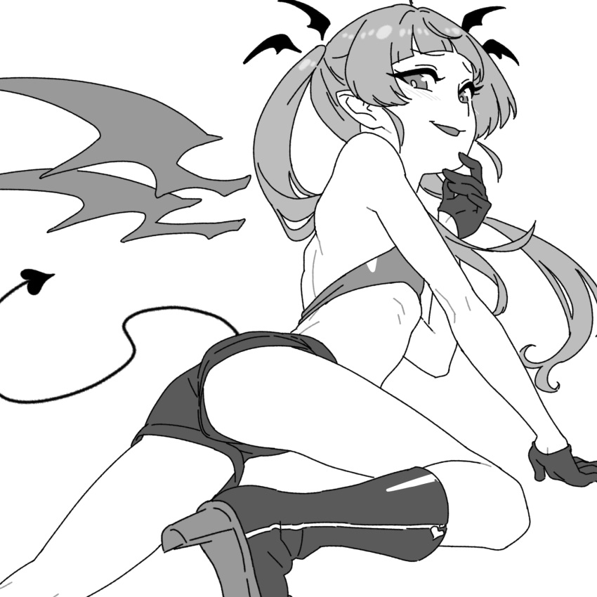 1girl arm_support ass bandeau blunt_bangs boots commentary_request demon_girl demon_tail demon_wings detached_wings flat_chest furrowed_brow gloves greyscale hand_on_own_chin high_heel_boots high_heels highres knee_boots long_hair looking_at_viewer looking_back magari_(c0rn3r) mesugaki mochi_hiyoko mochipro monochrome naughty_face open_mouth pointy_ears revealing_clothes ribs short_shorts shorts shoulder_blades skinny smile solo tail twintails wing_hair_ornament wings