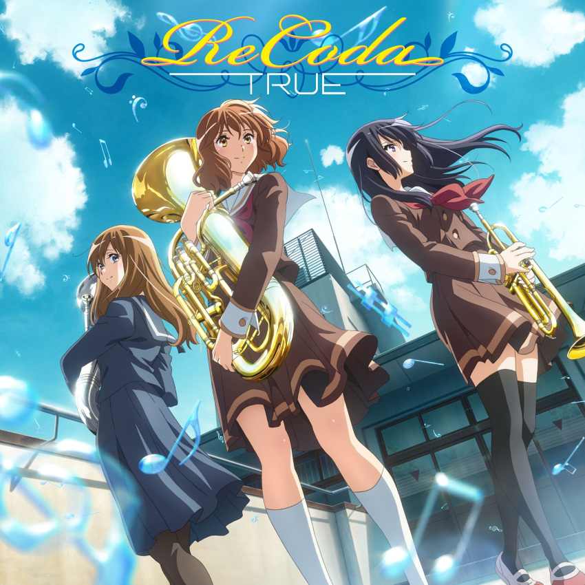 3girls album_cover black_hair black_pantyhose black_thighhighs blue_eyes brown_hair cloud cover euphonium fluffy_hair hibike!_euphonium highres holding holding_instrument ikeda_kazumi instrument kousaka_reina kuroe_mayu long_hair medium_hair multiple_girls official_art orange_eyes oumae_kumiko pantyhose school school_uniform smile thighhighs trumpet wind zettai_ryouiki