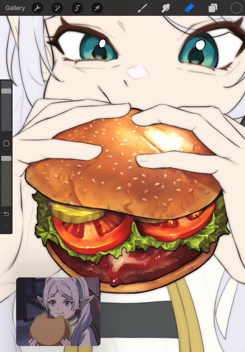 1girl black_shirt burger cucumber earrings eating food frieren green_eyes grey_hair hands_up highres jacket jewelry lettuce long_hair meat multiple_views pointy_ears shirt slewpie smile sousou_no_frieren striped_clothes striped_shirt tomato tomato_slice twintails white_jacket white_shirt