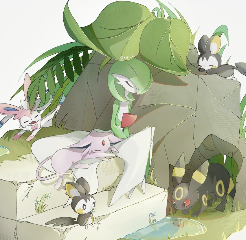 black_fur body_fur colored_skin emolga espeon evolutionary_line forehead_jewel gardevoir green_skin highres ktbr_2 multicolored_skin pink_fur pokemon pokemon_(creature) puddle purple_fur red_skin reflection sleeping stairs sylveon twitter_username two-tone_fur umbreon white_fur white_skin yellow_fur