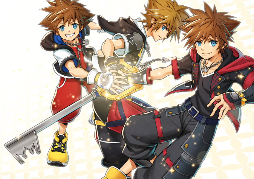 3boys belt black_gloves black_jacket black_pants black_shirt blue_belt bodysuit chain chain_necklace commentary crown_necklace english_commentary fingerless_gloves from_side gloves hands_on_another's_hands highres holding holding_weapon hood hood_down hooded_jacket jacket jewelry keyblade kingdom_hearts kingdom_hearts_i kingdom_hearts_ii kingdom_hearts_iii kingdom_key looking_at_viewer looking_to_the_side multiple_boys multiple_persona necklace open_clothes open_jacket pants puffy_short_sleeves puffy_sleeves red_bodysuit shirt sho_(sumika) short_sleeves sora_(kingdom_hearts) spiked_hair weapon white_gloves yellow_footwear zipper zipper_pull_tab
