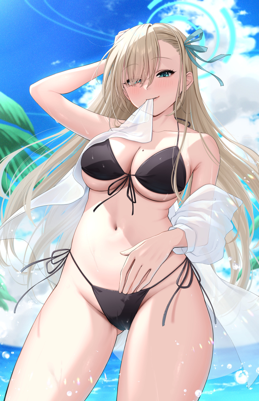 1girl absurdres ass asuna_(blue_archive) bikini black_bikini blue_archive blue_eyes blue_halo blue_ribbon blush breasts closed_mouth collarbone cowboy_shot day front-tie_bikini_top front-tie_top groin hair_ribbon halo highres large_breasts light_brown_hair long_hair mole mole_on_breast outdoors palm_leaf ribbon sayosayo-0 side-tie_bikini_bottom solo swimsuit