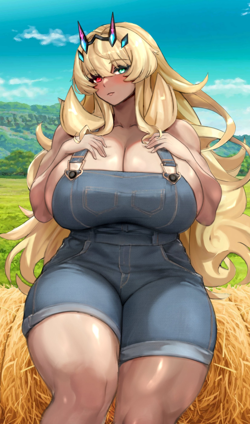 1girl absurdres bare_shoulders barghest_(fate) blonde_hair blush breasts cleavage fate/grand_order fate_(series) green_eyes heterochromia highres huge_breasts long_hair looking_at_viewer overalls raskasar red_eyes solo thick_thighs thighs