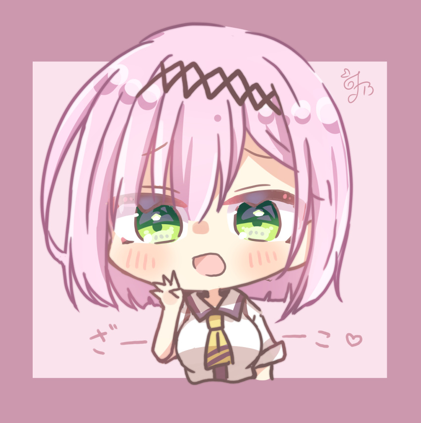 1girl :d absurdres black_hairband blush_stickers bob_cut chibi commentary_request eyes_visible_through_hair green_eyes hair_between_eyes hairband hand_up hashtag-only_commentary heart highres looking_at_viewer meme mesugaki open_mouth pink_background pink_hair raised_eyebrows school_uniform shirt short_hair short_sleeves signature simple_background smile solo tanikaze_amane tenshi_souzou_re-boot! translated upper_body utuigawa white_shirt zako_(meme)