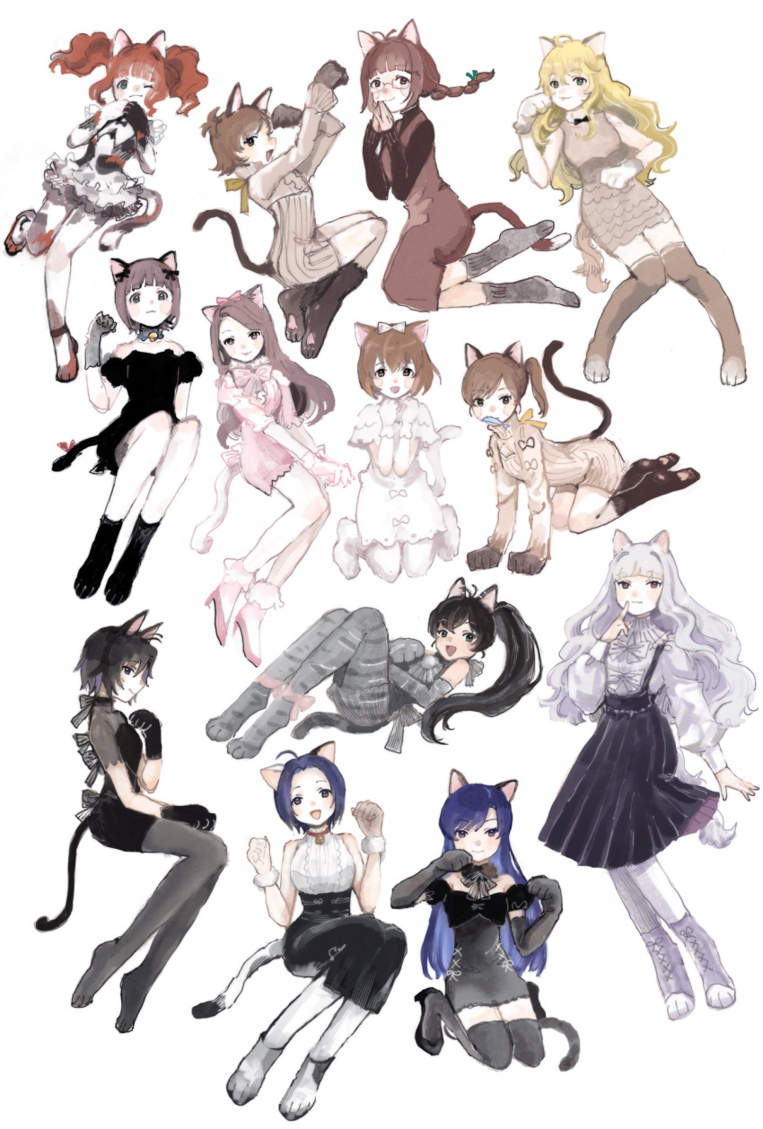 6+girls :3 :d ahoge akizuki_ritsuko all_fours amami_haruka animal_ears animal_hands antenna_hair asymmetrical_hair bell black_dress black_gloves black_hair black_skirt black_sweater blonde_hair blue_hair blush braid brown_dress brown_eyes brown_gloves brown_hair brown_thighhighs calico_print cat_ears cat_tail closed_mouth dress eyelashes fang fish flipped_hair frilled_skirt frills from_side fur_wrist_cuffs futami_ami futami_mami ganaha_hibiki glasses gloves green_eyes grey_dress grey_eyes grey_gloves hagiwara_yukiho hair_intakes hair_ribbon high_heels high_ponytail highres hoshii_miki idolmaster idolmaster_(classic) kemonomimi_mode kikuchi_makoto kisaragi_chihaya kneeling long_hair long_sleeves looking_at_viewer medium_hair messy_hair minase_iori miura_azusa mouth_hold multiple_girls neck_bell nekozuka_(duka_nkdk) off_shoulder one_eye_closed open_mouth orange_hair parted_bangs paw_gloves paw_pose paw_socks pleated_skirt puffy_long_sleeves puffy_sleeves ribbon shijou_takane shirt short_hair side_ponytail sidelocks sitting skirt smile straight_hair suspender_skirt suspenders sweater sweater_dress swept_bangs tail takatsuki_yayoi thighhighs turtleneck turtleneck_sweater twintails wavy_hair white_background white_dress white_gloves white_hair white_shirt