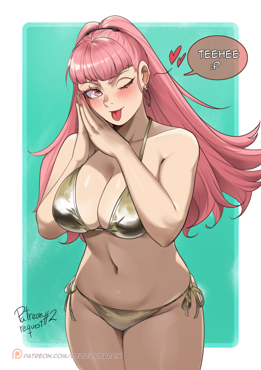 1girl ;) ;p absurdres alternate_costume bare_arms bare_shoulders bikini blunt_bangs blush breasts commentary cowboy_shot deliciousbrain fire_emblem fire_emblem:_three_houses gold_bikini hands_up highres hilda_valentine_goneril large_breasts long_hair looking_at_viewer nail_polish navel one_eye_closed own_hands_together pink_eyes pink_hair pink_nails side-tie_bikini_bottom smile solo standing stomach swimsuit thighs tongue tongue_out very_long_hair