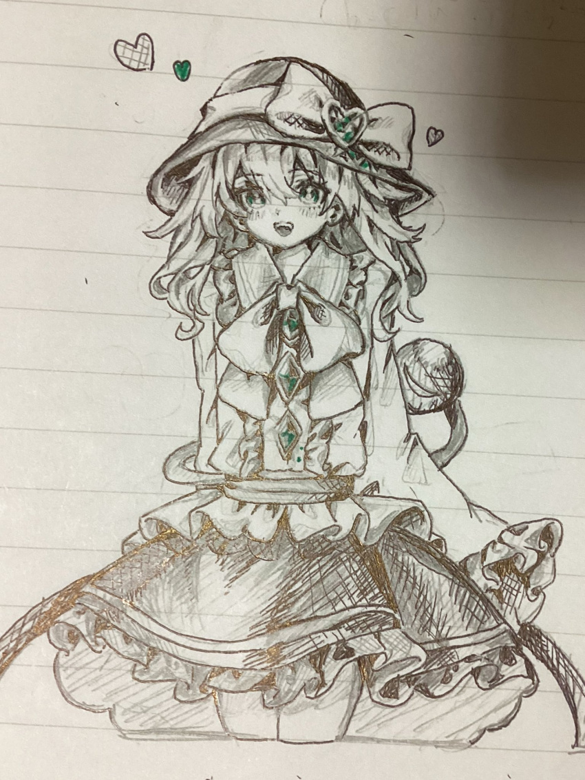 1girl bow bowtie frilled_skirt frills greyscale hat hat_bow heart heart_of_string highres komeiji_koishi long_sleeves looking_at_viewer medium_hair monochrome open_mouth rakugakiman2222 shirt skirt solo teeth third_eye touhou traditional_media upper_teeth_only