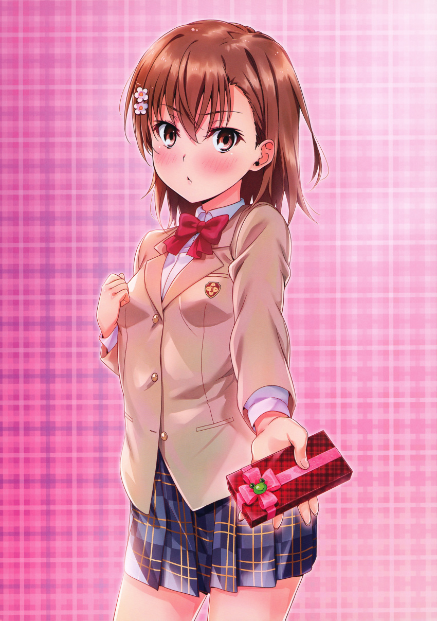 1girl absurdres blazer blush bow bowtie box breasts brown_eyes brown_hair brown_jacket buttons closed_mouth emblem fingernails gekota gift gift_box gradient_background hair_ornament hairclip hand_on_own_chest highres holding isshi_pyuma jacket lips long_sleeves looking_at_viewer medium_hair misaka_mikoto non-web_source plaid plaid_background plaid_skirt pleated_skirt red_bow red_bowtie ribbon school_emblem school_uniform shirt skirt small_breasts solo toaru_kagaku_no_railgun toaru_majutsu_no_index tokiwadai_school_uniform white_shirt winter_uniform