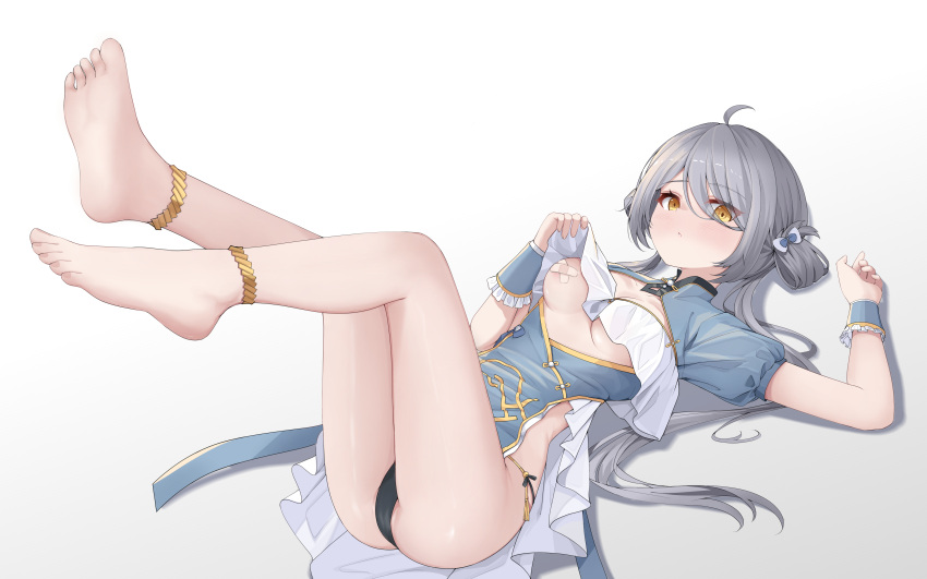 1girl absurdres bandaid bandaids_on_nipples barefoot black_panties character_request china_dress chinese_clothes dress feet_up grey_hair highres legs_up long_hair looking_at_viewer no_bra no_shoes panties pasties snowbreak:_containment_zone soles toes underwear yellow_eyes zhthktk
