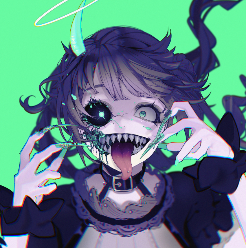 1girl absurdres black_choker black_hair black_sclera choker colored_sclera fingernails green_eyes green_horns green_nails grey_background highres horns long_fingernails long_hair mismatched_sclera nail_polish open_mouth original rakugaki_suruhito sharp_fingernails sharp_teeth simple_background single_horn smile solo teeth tongue tongue_out transformation upper_body wrist_cuffs