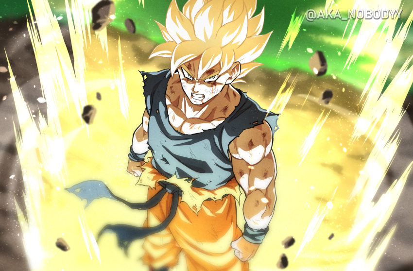 1boy aka_nobodyy aura battle_damage blonde_hair blood blood_on_face blue_shirt blurry blurry_background clenched_hands clenched_teeth dragon_ball dragon_ball_z from_above goku_day green_eyes highres injury looking_at_viewer looking_up male_focus muscular muscular_male orange_pants pants shirt son_goku spiked_hair standing super_saiyan super_saiyan_1 teeth torn_clothes torn_pants torn_shirt twitter_username