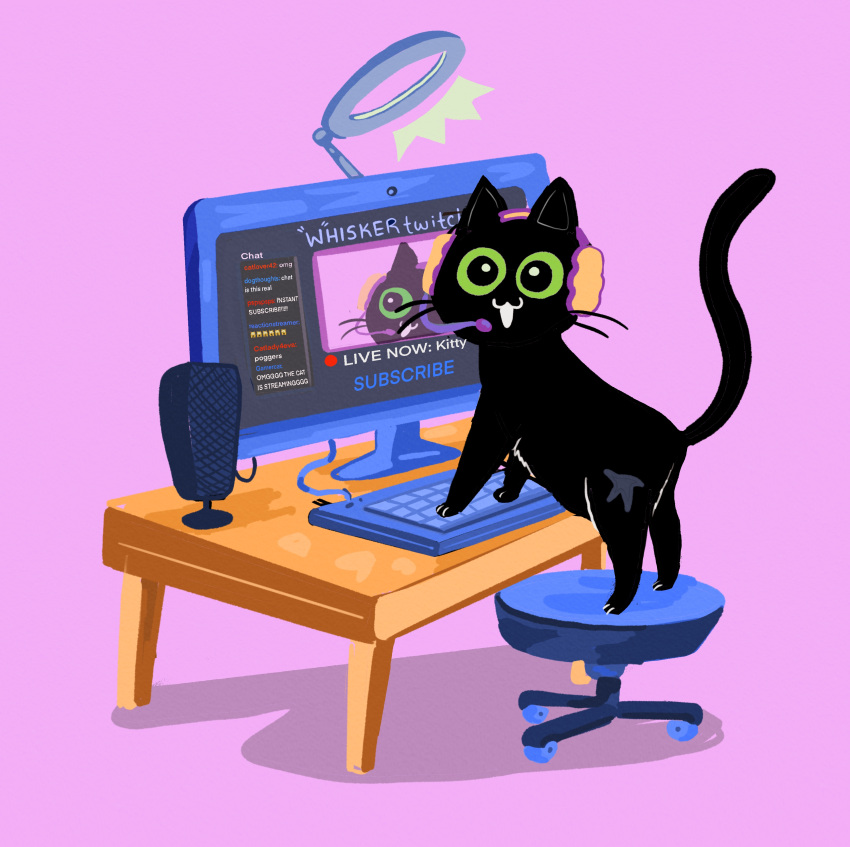 :3 absurd_res ambiguous_gender black_body black_fur chair chat_box computer electronics feral fur furniture green_eyes happy hi_res keyboard little_kitty_(lkbc) little_kitty_big_city livestream monitor official_art paws ring_light shanhorandraws solo speaker steaming twitch.tv