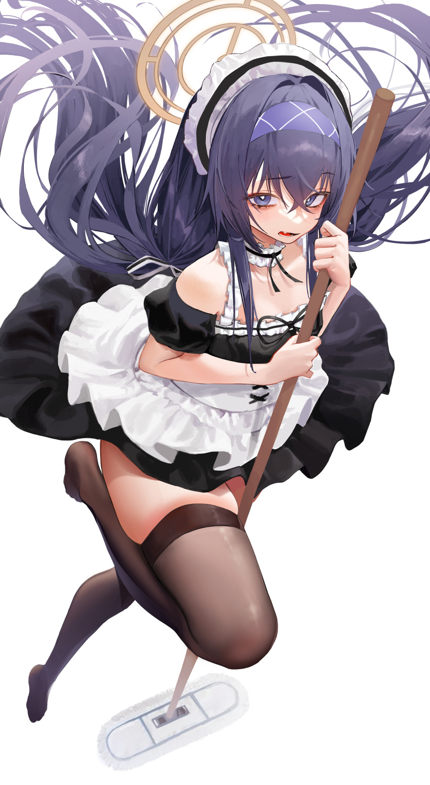 1girl absurdres alternate_costume apron black_dress black_hair black_thighhighs blue_archive blush breasts dress enmaided full_body halo highres holding holding_mop long_hair looking_at_viewer maid maid_apron maid_headdress mop open_mouth purple_eyes short_sleeves sihana156 simple_background small_breasts solo thighhighs ui_(blue_archive) white_apron white_background