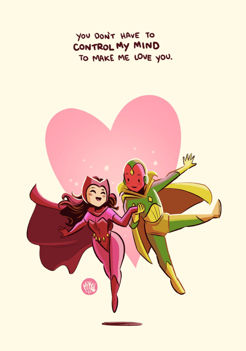 1boy 1girl absurdres artist_name avengers_(series) bodysuit cape closed_eyes colored_skin commentary english_commentary english_text full_body gloves heart highres holding long_hair magic marvel marvel_cinematic_universe mikemaihack scarlet_witch simple_background smile superhero_costume vision_(marvel) wanda_maximoff wandavision