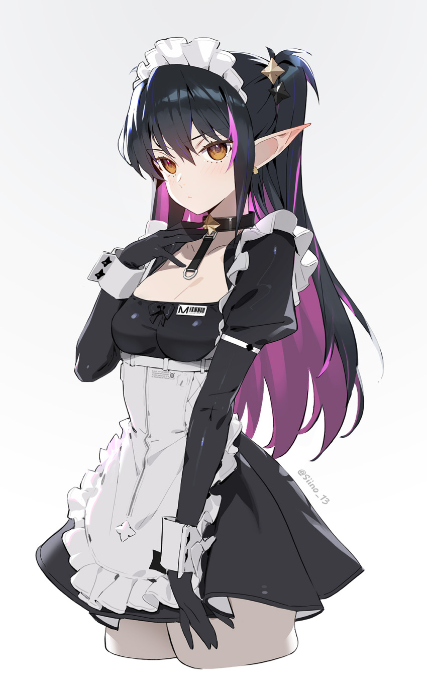 1girl apron black_choker black_gloves breasts choker cleavage gloves highres long_hair maid maid_apron maid_headdress mary_(siino) multicolored_hair original pointy_ears siino simple_background skirt solo white_apron white_background wrist_cuffs