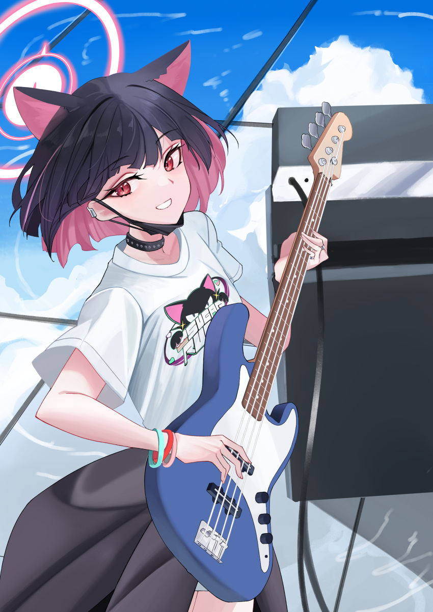 1girl absurdres animal_ears black_choker black_hair black_jacket black_mask blue_archive cat_ears choker clothes_around_waist colored_inner_hair connyalow electric_guitar extra_ears grin guitar halo highres holding holding_instrument instrument jacket jacket_around_waist kazusa_(band)_(blue_archive) kazusa_(blue_archive) mask mask_pull mouth_mask multicolored_hair official_alternate_costume pink_hair pink_halo red_eyes shirt short_hair short_sleeves smile solo white_shirt