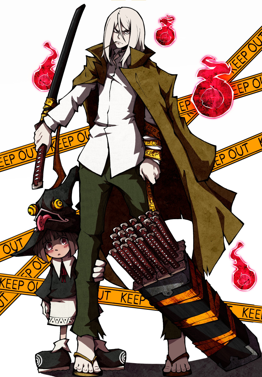 1boy 1girl absurdres angela_leon bag brown_eyes brown_hair caution_tape child collared_jacket collared_shirt green_pants hat highres hitodama holding holding_leg holding_sword holding_weapon jacket jacket_on_shoulders kekel living_clothes long_hair mifune_(soul_eater) mouth_hold multiple_swords open_clothes open_jacket pants protecting red_eyes sandals shirt soul_eater stalk_in_mouth sword weapon weapon_bag white_background white_hair white_shirt witch witch_hat