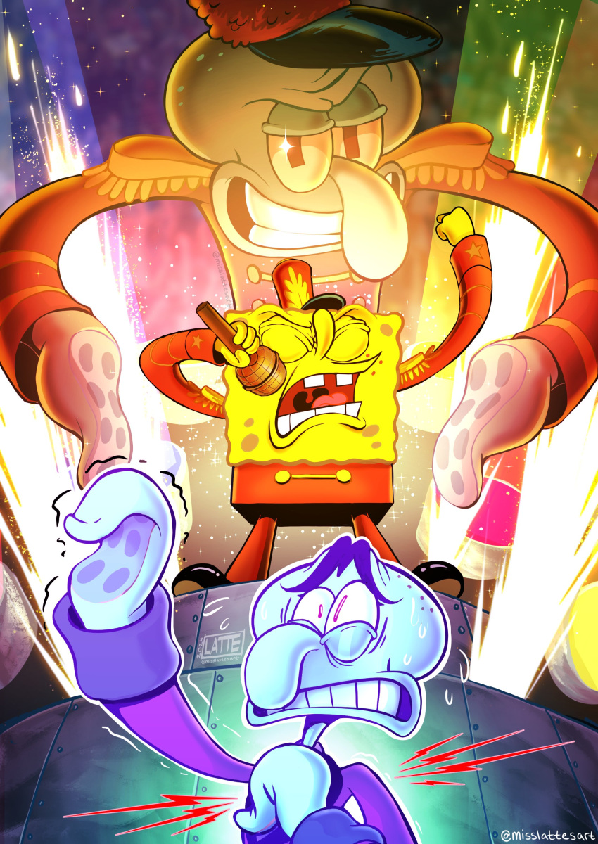 3boys absurdres clenched_teeth fireworks grin hand_on_own_chest hand_tentacles heart_attack highres holding holding_microphone holes marching_band microphone misslattesart multiple_boys purple_robe robe smile sponge spongebob_squarepants spongebob_squarepants_(series) squid squid_boy squidward_tentacles squilliam_fancyson sweat teeth tentacles trembling twinkle_eye twitter_username unibrow uniform yellow_sponge