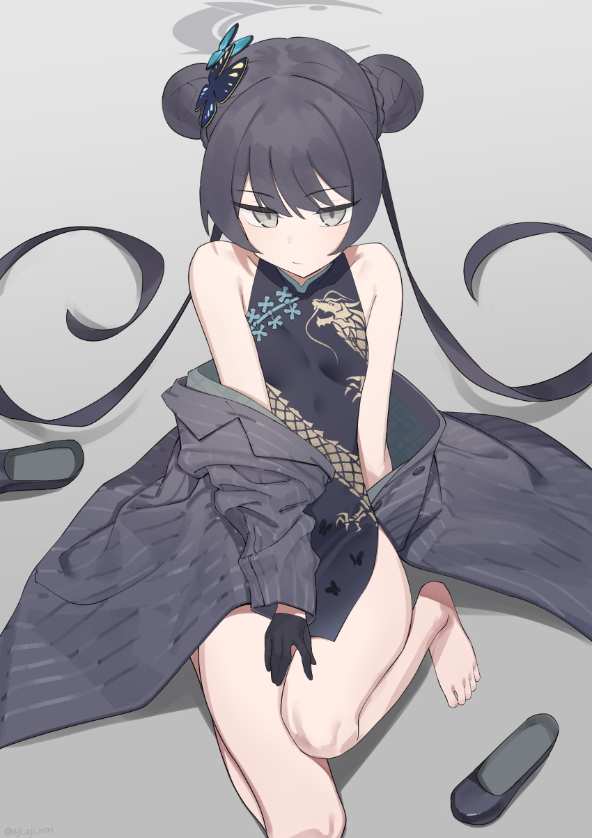 1girl absurdres aji_aji_nori barefoot black_dress black_footwear black_gloves black_hair blue_archive breasts butterfly_hair_ornament china_dress chinese_clothes closed_mouth coat double_bun dragon_print dress gloves grey_coat grey_eyes grey_halo hair_bun hair_ornament halo highres kisaki_(blue_archive) long_hair long_sleeves looking_at_viewer open_clothes open_coat shoes sleeveless sleeveless_dress small_breasts solo striped_clothes striped_coat toes twintails vertical-striped_clothes vertical-striped_coat