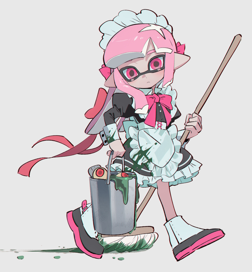 1girl absurdres apron black_dress dress frilled_apron frills highres inkling inkling_girl inkling_player_character maid maid_apron maid_headdress mop namazuoku paint_splatter pink_eyes pink_hair pointy_ears puffy_sleeves salmon_run_(splatoon) salmonid simple_background solo splatoon_(series) splatoon_3 suction_cups tentacle_hair waist_apron white_apron white_background