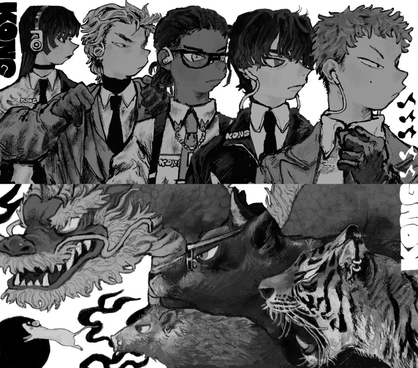 1girl 4boys animal black-framed_eyewear black_hair boar bull dragon earbuds earphones eastern_dragon glasses gloves grey_fur greyscale headphones highres jewelry mettaflix monochrome mouse_(animal) multiple_boys musical_note necklace necktie original striped_fur tiger white_background