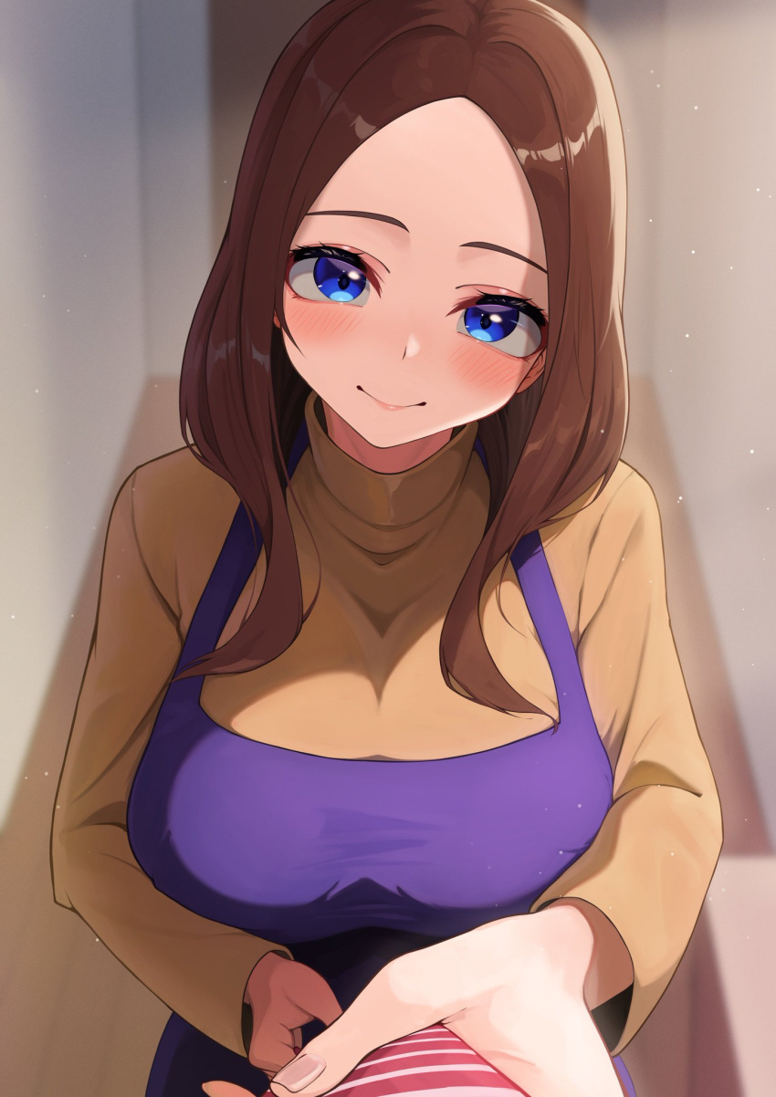 1girl apron blue_apron blue_eyes breasts brown_hair brown_sweater facing_viewer forehead go-toubun_no_hanayome highres hiyoku housewife husband_and_wife large_breasts large_forehead long_hair looking_at_viewer mature_female nakano_miku necktie pov purple_apron smile sweater tying tying_necktie