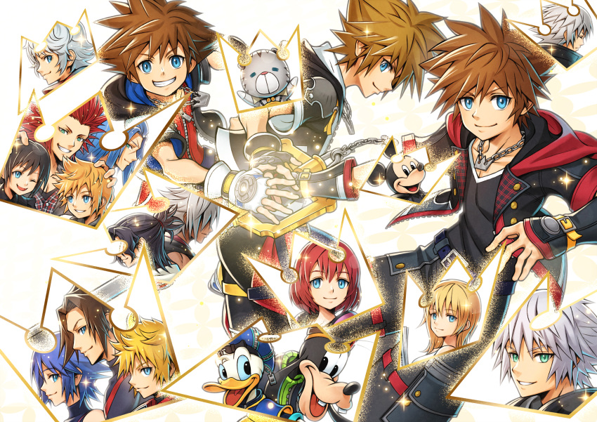 4girls 6+boys aqua_(kingdom_hearts) axel_(kingdom_hearts) back-to-back black_gloves black_hair black_jacket black_pants black_shirt blonde_hair blue_eyes blue_hair blue_hat bodysuit brown_hair chain chain_necklace chirithy closed_mouth commentary crown_necklace donald_duck english_commentary ephemer_(kingdom_hearts) eraqus fingerless_gloves from_behind from_side front-to-back furry furry_male gloves goofy green_eyes grin hand_on_another's_hand hand_on_another's_head hat highres holding holding_weapon hood hood_down hooded_jacket jacket jewelry kairi_(kingdom_hearts) keyblade kingdom_hearts kingdom_hearts_i kingdom_hearts_ii kingdom_hearts_iii kingdom_key long_hair looking_at_another looking_at_viewer mickey_mouse multiple_boys multiple_girls multiple_persona namine necklace open_clothes open_jacket open_mouth pants puffy_short_sleeves puffy_sleeves red_bodysuit red_hair riku_(kingdom_hearts) roxas saix shirt sho_(sumika) short_hair short_sleeves sideways_glance smile sora_(kingdom_hearts) spiked_hair terra_(kingdom_hearts) ventus_(kingdom_hearts) weapon white_background white_gloves white_hair xehanort xion_(kingdom_hearts) yellow_hat zipper zipper_pull_tab