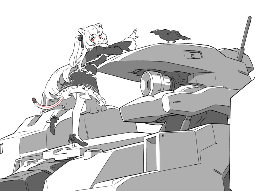 1girl animal_ears armored_core armored_core_6 bird breasts cat_ears cat_girl cat_tail closed_mouth coat cropped_jacket crossover crow dress greyscale hair_ribbon hand_on_own_chin high_heels large_breasts layered_clothes long_hair long_sleeves looking_to_the_side magari_(c0rn3r) mecha mechanical_tail monochrome nora_cat nora_cat_channel outstretched_arm red_eyes ribbon robot simple_background smile solo spot_color standing standing_on_one_leg tail two_side_up very_long_hair virtual_youtuber