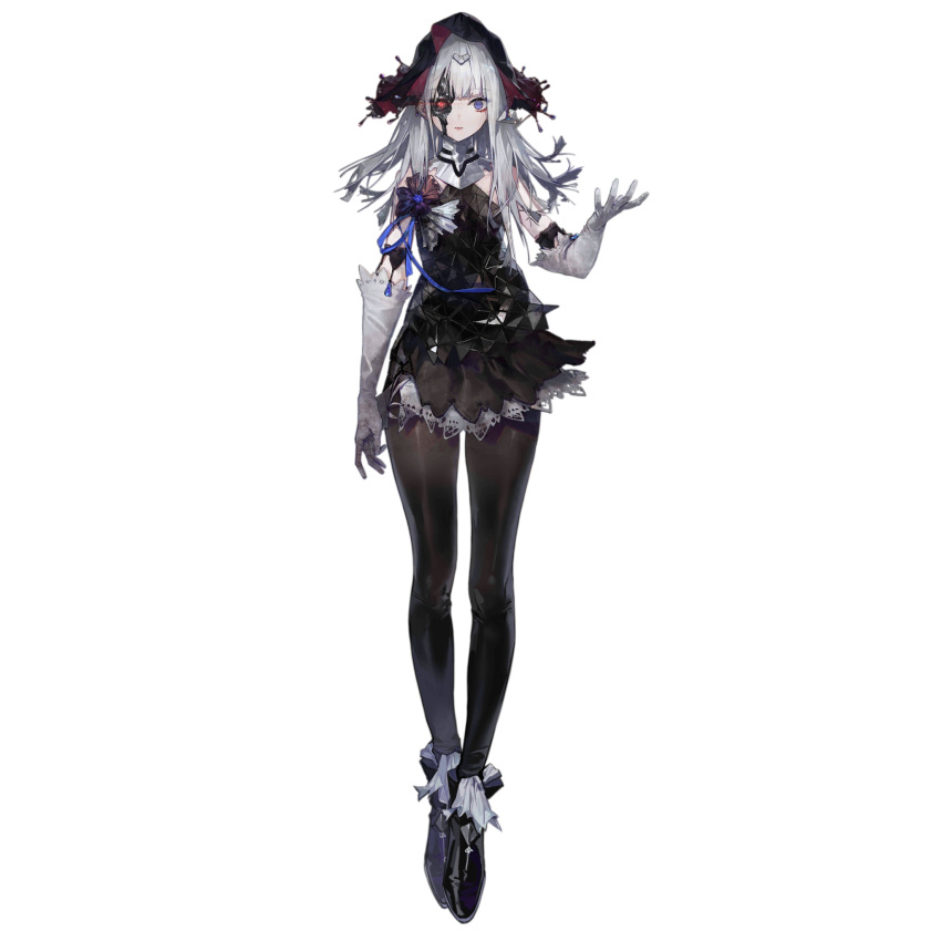 1girl ankle_boots artificial_eye artist_request bare_shoulders black_dress black_footwear black_pantyhose black_veil blue_eyes blue_ribbon boots closed_mouth cyborg dirty dirty_clothes dress elbow_gloves expressionless eyeshadow full_body girls'_frontline glove_garter gloves hair_ornament hand_up headgear heterochromia highres layered_dress long_hair looking_at_viewer makeup mechanical_eye nyto_(girls'_frontline) official_art open_hand pantyhose paradeus red_eyes red_eyeshadow ribbon sana_(boss)_(girls'_frontline) sana_(girls'_frontline) shoulder_ribbon simple_background solo spoilers third-party_source torn_skin transparent_background triangular_pattern usekh_collar veil white_gloves white_hair