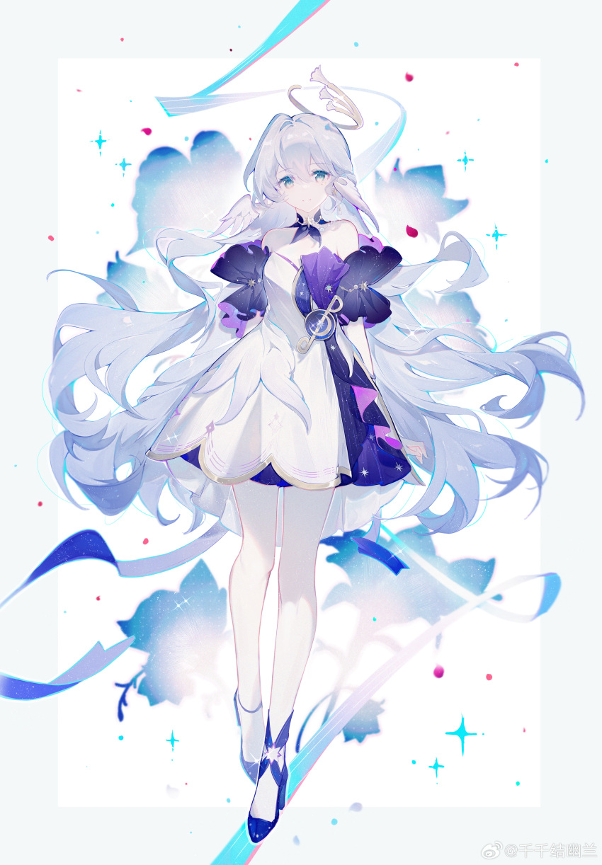 1girl absurdres aqua_eyes arms_behind_back bare_shoulders blue_footwear detached_sleeves dress earrings feathered_wings floating_hair floral_background hair_between_eyes halo head_wings high_heels highres honkai:_star_rail honkai_(series) inset_border jewelry long_hair looking_at_viewer outside_border qianqianjie robin_(honkai:_star_rail) short_sleeves solo sparkle standing two-tone_dress very_long_hair wings