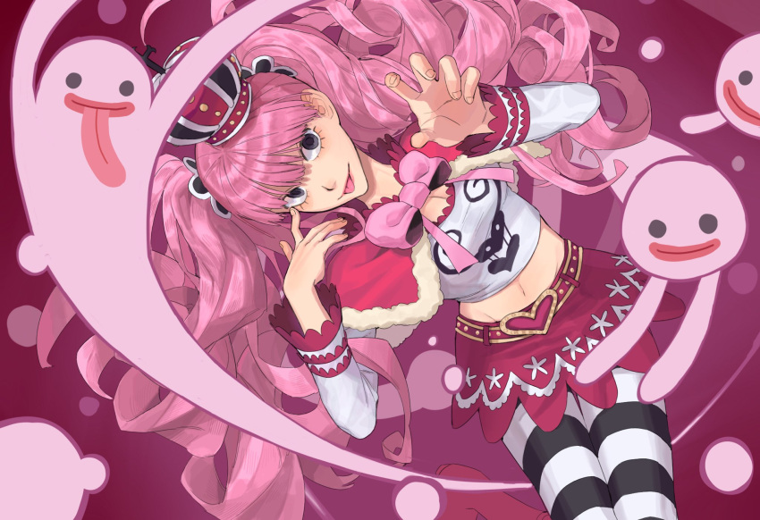 1girl black_pantyhose blunt_bangs bow bowtie capelet commentary cowboy_shot crop_top crown from_above ghost highres long_sleeves looking_at_viewer one_piece pantyhose perona pink_bow pink_bowtie pink_capelet solo symbol-only_commentary tongue tongue_out twintails two-tone_pantyhose water4829 white_pantyhose