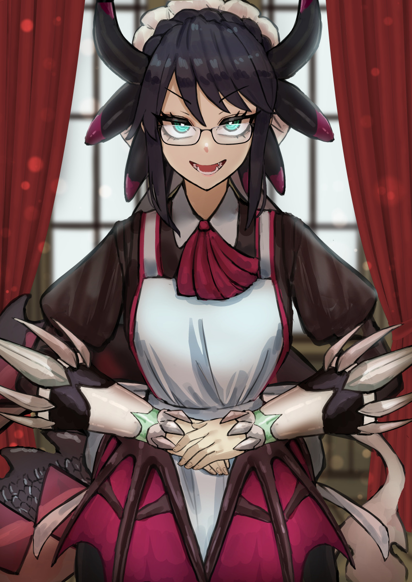1girl absurdres adeshi_(adeshi0693119) apron black_hair commentary_request curtains dragon_girl dragon_horns dragon_tail dragon_wings duel_monster glasses highres horns house_dragonmaid low_wings neckerchief open_mouth own_hands_together short_hair solo tail window wings yu-gi-oh!