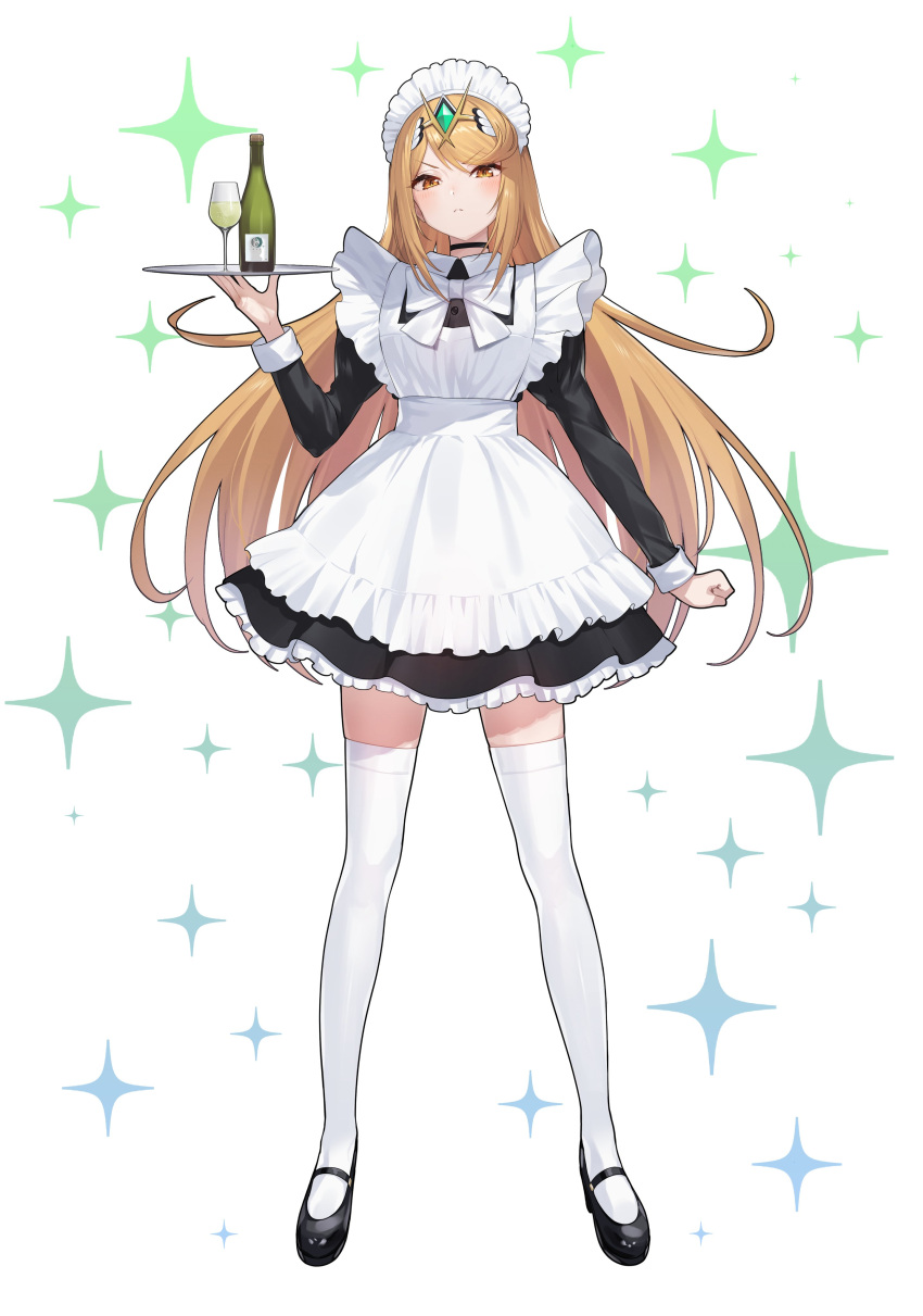 1girl absurdres alcohol alternate_costume apron black_dress blonde_hair blush cup dress drink drinking_glass enmaided frilled_apron frills green322 highres holding holding_drink jewelry long_hair looking_at_viewer maid maid_apron maid_headdress mythra_(xenoblade) swept_bangs tiara very_long_hair white_apron xenoblade_chronicles_(series) xenoblade_chronicles_2 yellow_eyes