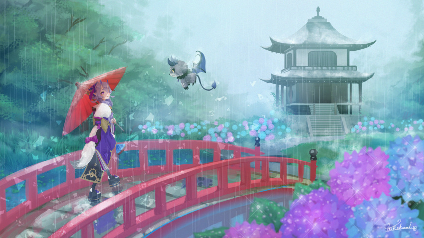 1girl 1other absurdres blue_flower bridge debidebi_debiru demon_horns demon_tail demon_wings field flower flower_field forest gradient_horns hair_between_horns highres horns japanese_clothes kimono mole mole_under_mouth multicolored_horns nature nijisanji oni pagoda pointy_ears purple_flower purple_horns purple_kimono rain rindou_mikoto rindou_mikoto_(1st_costume) skin-covered_horns tail thick_eyebrows virtual_youtuber wings yurakusai