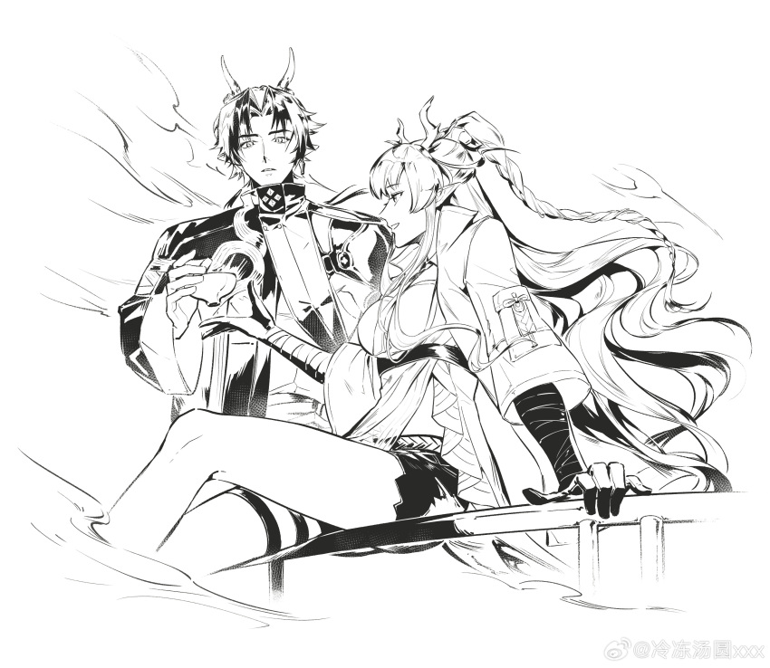 1boy 1girl absurdres antlers arknights arm_wrap braid braided_ponytail brother_and_sister chong_yue_(arknights) dragon_boy dragon_girl dragon_horns feet_out_of_frame floating_hair greyscale hand_up high_ponytail highres holding horns ldty ling_(arknights) long_hair looking_at_another monochrome parted_lips pointy_ears siblings simple_background sitting thigh_strap very_long_hair weibo_watermark white_background wind