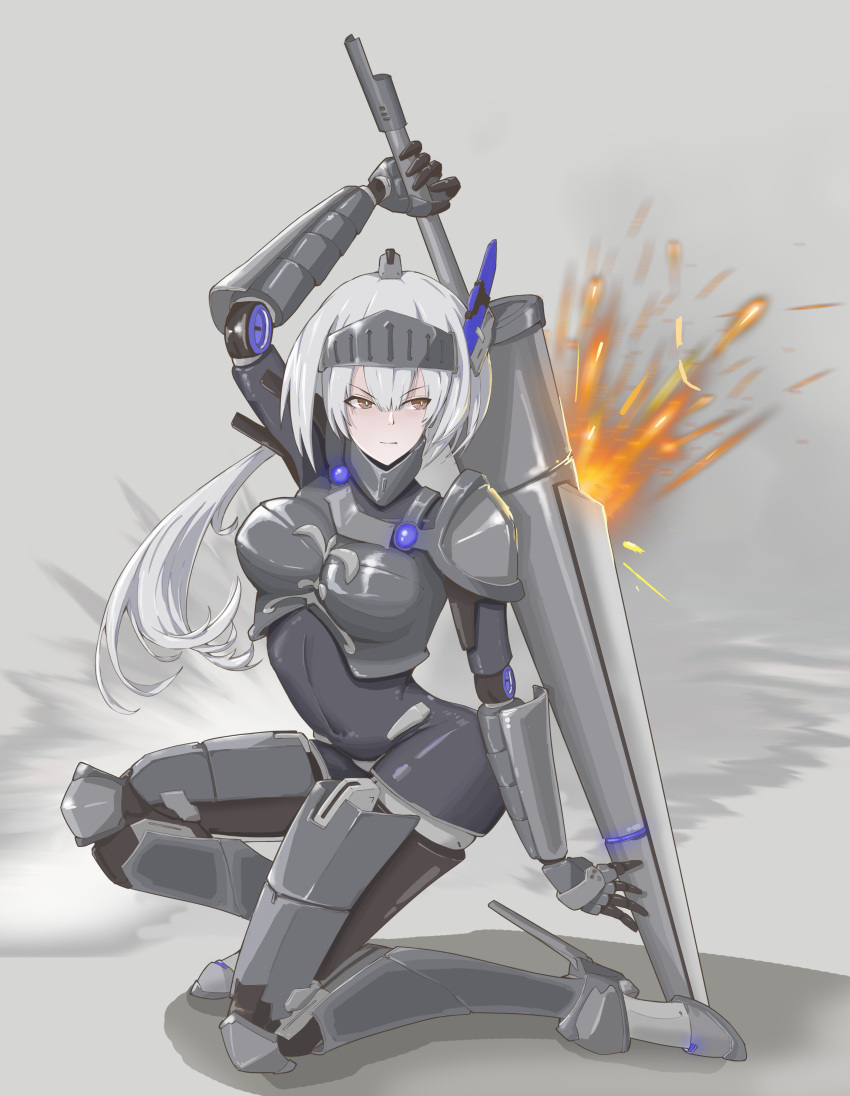 1girl absurdres alternate_costume armor doll_joints explosion forehead_protector grey_hair highres holding holding_polearm holding_weapon joints mechanical_parts mo_geng orange_eyes polearm ponytail punishing:_gray_raven rosetta_(punishing:_gray_raven) sidelocks solo weapon