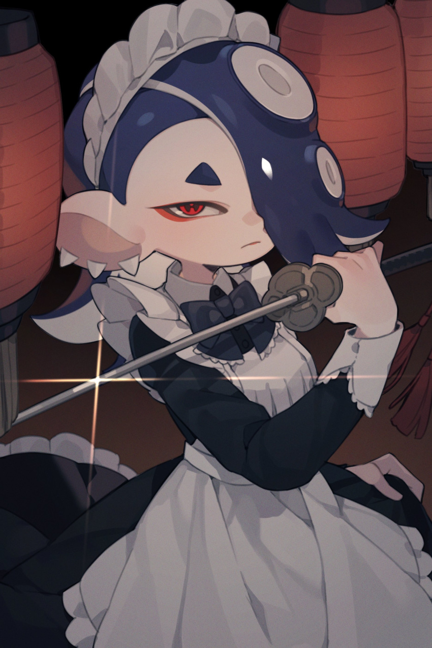 1girl absurdres apron black_dress blue_hair bow cephalopod_eyes closed_mouth dress earrings frilled_apron frills highres holding holding_sword holding_weapon jewelry lantern maid maid_apron maid_headdress multiple_earrings octoling prat_rat red_eyes shiver_(splatoon) solo splatoon_(series) splatoon_3 suction_cups sword tentacle_hair tooth_earrings weapon white_apron