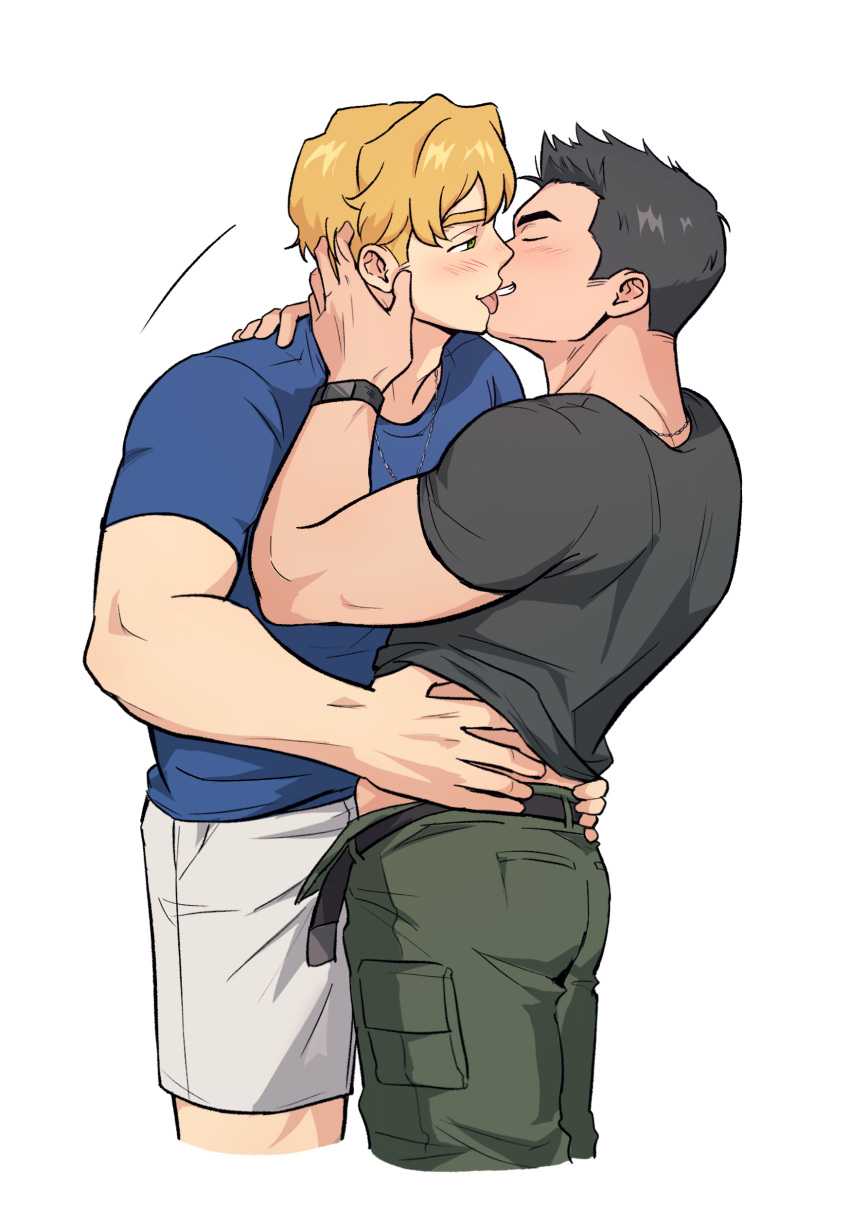 2boys absurdres bara belt black_hair blonde_hair blue_shirt blush cargo_pants closed_eyes commentary cropped_legs facial_hair grey_shirt hand_on_another's_neck hand_on_another's_waist highres kiss male_focus multiple_boys muscular muscular_male pants shirt short_hair short_sleeves shorts sideburns_stubble simple_background stubble symbol-only_commentary unzipped wasted_m9 watch white_background white_shorts wristwatch