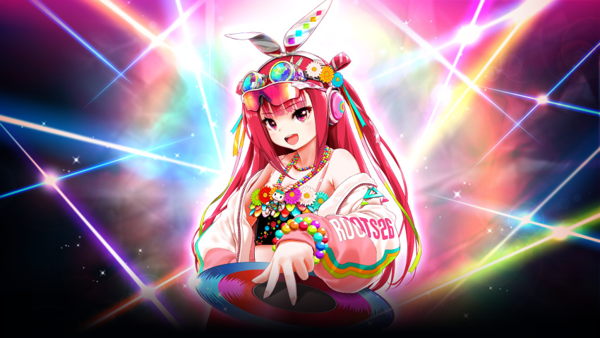 1girl bare_shoulders beatmania_iidx breasts eyewear_on_head goli_matsumoto hair_ornament headphones highres long_hair non-web_source official_art pink_eyes pink_hair rabbit_hair_ornament record sidelocks small_breasts smile solo teeth umegiri_ameto upper_teeth_only