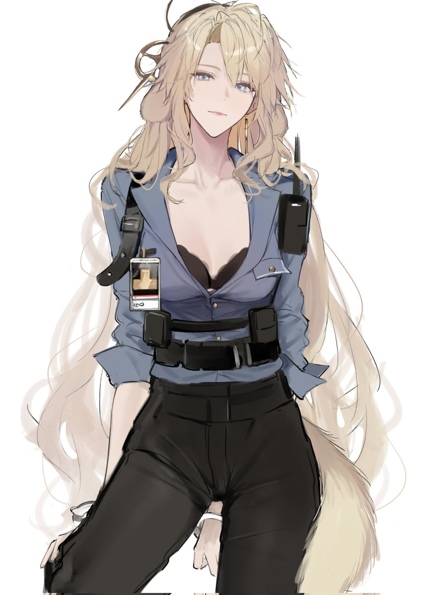 1girl animal_ears arknights black_bra black_hairband blonde_hair blue_eyes bra breasts cleavage denim dog_ears dog_girl dog_tail droopy_ears floppy_ears hairband highres holster jeans joshua_(shisanli934) kristen_(arknights) pants radio solo tail underwear