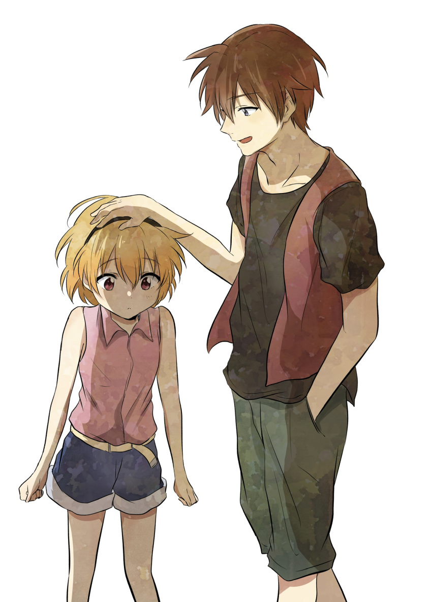 1boy 1girl bare_shoulders belt belt_buckle black_hairband black_shirt blonde_hair blue_eyes blue_shorts brown_hair buckle capri_pants character_request clenched_hands collarbone collared_shirt commentary_request from_side green_pants hairband hand_in_pocket headpat height_difference highres higurashi_no_naku_koro_ni houjou_satoko legs_apart looking_at_another looking_down open_mouth pants pink_shirt purple_eyes red_vest shirt shirt_tucked_in short_hair shorts shorts_rolled_up shosudo simple_background sleeveless sleeveless_shirt standing t-shirt vest white_background yellow_belt