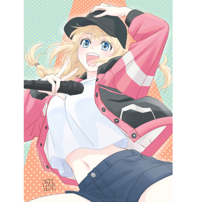 :d artist_name baseball_cap black_hat blonde_hair blue_eyes blue_shorts braid dated hand_on_headwear hat holding holding_microphone jacket microphone midriff morishima_noriko_(noriko_mrsm) navel open_clothes open_jacket open_mouth paripi_koumei pink_jacket polka_dot polka_dot_background shirt shorts signature smile teeth tsukimi_eiko upper_teeth_only white_shirt